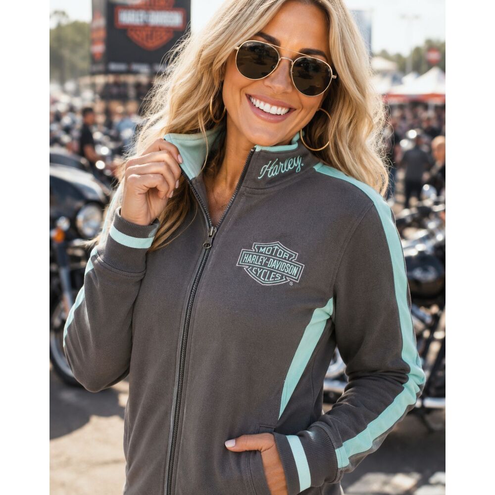 Harley-Davidson Womens Gray & Green Zip Up Jacket Size M Speedway Concord, NC.